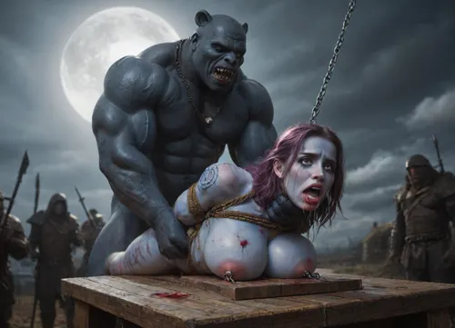 female drow elf barbarian, (dark night blue skin:1.82), tall, angry, busty, curvy, thin waist, big boobs, big butt, slim, athletic, fit, vitiligo, strong, fur pelt armor, dungeons and dragons, purplish blue skin, black and purple hair, Dark, Elf, Warrior, Drow, tattooed, scarred, purple eyes, uberfit, muscular, blue skin, amazon, giant, fur barbarian armor, bloody, blood spatter, bear, bear heart, (in a bloody filed after a battle, white full moon in the sky:1.4), (man is choking her from behind:1.4), ((hogtied, bound with large chains, tied to a torture table:1.3)), cock in mouth, (brutal face fuck), Blowjob, (tears in eyes:1.5), (running makeup), (cum drips from nose:1.3), (cum drips from mouth:1.3), ultra hd, photorealistic, hyper gigantic large black cock in mouth, (((hyper gigantic large black cock in mouth:1.3))), oral cream pie, hair grab, sad, sad crying, tongue out, gasping for air, zavy-brbrn, gangbang, double anal penetration, anal spitroast, groupsex, deepthroat, (4 gigantic African black brute thug, huge trunklike arms, huge head, hyper muscular body, dressed in slave clothes:1.2), ((hogtied, bound for sex, tied up)), (eyes wide open in horror:1.72), (wide mouth spreader:1.8), (pleading expression:1.56), (terrified:1.48), (crying:1.48), (fear and panic:1.56), (pulled nipples:1.2), nipple clamps, (((spitroast))), (((hyper large cock in mouth:1.3))), shocked, deep anal penetration, Uber realistic, 8k, ultra detailed, masterpiece, arched back, detailxl, 35mm photograph, film, professional, 4k, 1girl, 5 boys, hdr, photographic, ultra realistic, ultra high details, back light, best quality, with large muscular black men, gargantuan black cocks, anal sex expansion, large hyper muscular fat old men, (double anal sex), swollen white veiny cocks, (double anal penetration), hardcore double penetration, proper physics, big white cocks, muscular white double anal gangbang, (forceful penetrations), extremely graphic, shocked expression, beautiful hands, massive cum in ass, defeating a woman in combat, fighting, killing, blood, winning fight, magazine cover, Realism_Quality_2xx_By_Stable_Yogi, score_9, score_8_up, score_7_up, (((very pretty face:1.3))), (((extremely ultra detailed face:1.3))), perfect fingers and hands, upper body view, (extreme size difference:1.6), (ultra realistic), (maximum quality), (high resolution), (extreme detail), (ultra realism), UHD, super high quality, highly detailed, high resolution, perfect lighting, natural lighting, (dynamic pose), (dynamic angle), (random angle), (random pose), (dynamic view), (random view), volumetric lighting, golden hour lighting, dramatic shadows, rich details, nature-inspired color palette, <lora:Dark_Elf_Warrior:1.3>, <lora:Drow:1.3>, <lora:339100_training_data:1.3>, <lora:uberfit_lora_sdxl:1.3>, <lora:zavy-brbrn-sdxl:1.3>