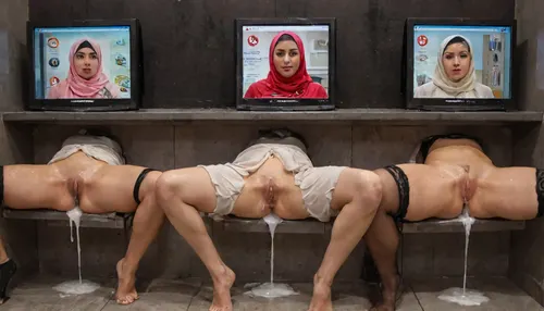 (cum dripping from pussy), realistic cum, transparent liquid, (beautiful hijab woman on screen:1.2), extreme amounts of cum flowing from pussy, gaping pussy, (creampie:1.2), (wet skin:1.2), (oily skin:1.2), squirting, highly detailed faces of Muslim women wearing hijab depicted on screens