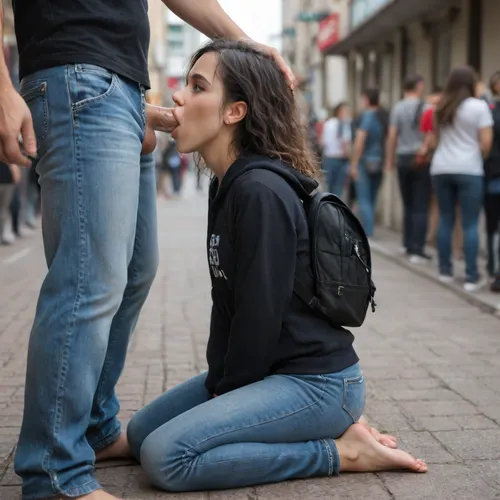 Wide shot, 18yo face, from 30 feet away, side view, Gorgeous 18 year old barefoot with light makeup wearing tight jeans and a hooded sweatshirt and backpack, kneeling next to crowd, blowjob the fully dressed man thick cock, (sweat+spit+drool+tears+cum+dripping from her face), (school back-pack), ((petite body)), ((18yo face))