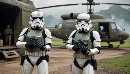 2 girls, Stormtrooper from Star Wars in Stormtrooper face mask and detailed green and dirt combat armor, Holding a heavy blaster, in the cargo hold of a Huey helicopter with the door open, Vietnamese landscape in the background, explosions, combat, frontlight, blurry background, cinematic_lighting, dynamic, dramatic, green camouflage in the style of Vietnam