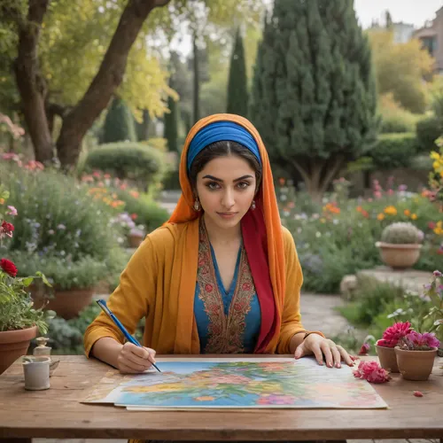 Masterpiece, best quality, ultra detailed, 8K, (national geographic photo portrait of a beautiful Iranian woman drawing a vibrant picture of a garden of Eden on a large canvas with paintbrush:1.4), wearing traditional Persian silk robe with blue headscarf, in a sunlit Persian palace hall, a Persian-style palace and a fountain on background