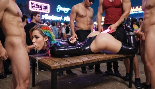 realistic masterpiece, 8K UHD, maximum quality, maximum details, maximum realism, on metal table, rainbow hair, (wrists shackled behind back, ankles shackled to metal table:1.2), top down, bottom up, (crotchless bodysuit, purple, (anal, deepthroat, gangbang:1.1), pink, multicolored, translucent, shiny, high heel boots:1.1), (realistic detailed vagina), night time edm festival, (laser lights), neon colored spot lights, glow sticks, black lights, realistic dark night, sad, cum dripping from pussy, (Endless_Up_SDXL_Neg:1.2), ImgFixerPre0.3, rvst, raver, girl, at, a, festival, in, sunglasses, music, with, glitter, 2017, 2012, party, costume, <lora:rvst:.4>, <lora:RaverGirls_XL_v1-000003:.8>, <lora:Creat0r_MagicDetailzV2_FIX:1.6>