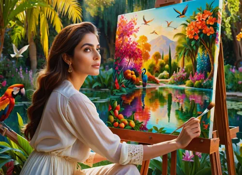 Illustration of a dynamic scene, hyperrealistic, (double exposure), ((picture within a picture)), depicting a beautiful Iranian female artist kneeling in front of a large wooden easel on canvas depicting a paradise garden, ((double exposure)), the canvas depicts fragrant paradise flowers, fluttering birds of paradise, brightly colored fruit trees, peacefully grazing animals, ponds, an artist with pronounced Iranian features, close-up, holding a paintbrush in her hand, sitting in front of the Garden of Eden already painted on the canvas, (eyes wide open:1.3), bright soft daylight, clear details, 8K quality.
