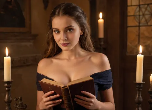(masterpiece:1.2), (high resolution:1.3), 8k, ((realistic detailed skin)), ((highly detailed eyes)), (medium pic), ((average girl next door:1.5)), (natural beauty:1.33), gorgeous young looking woman, beautiful brown eyes, perfect tan, shy, pale skin, gentle smile, sagging tits, large breasts, vivid colors, gentle seduction, slender, (extremely long hair, light brown hair), mysterious young librarian, (dark medieval clothing), off-the-shoulder blouse, behind a huge magical tome, bound in black human skin, lying on a stand, yellowed pages with images of pentagrams and spell texts, (room lit by candles), warm glow of candles, Gothic interior, (window with Gothic pattern), moonlight through the window, dusty wooden furniture, antique books, (the girl looks around:1.6), (atmospheric lighting), dramatic lighting, (soft lighting), focused lighting, deep shadows, (light reflecting from the eyes), octane render, artstation