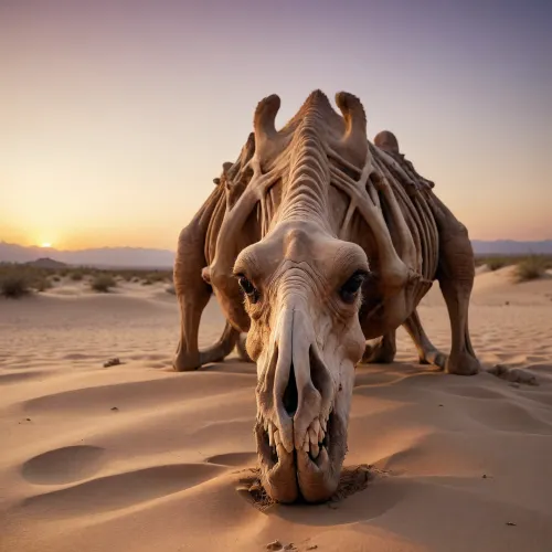 Skeleton of a dead camel at sunset in the desert