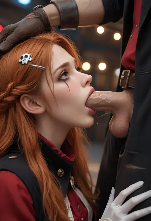 1 girl Esmeraldas, Captain Harlock, Albator, 30 years old, lavender eyes, looking up, very long ginger hair, skull on hair clip, scar on left cheek, red top, black cloak, white gloves, hands on crotch, sucking penis balls deep, head pulled aggressively, forced fellatio, man has black clothes with jolly roger printed, (saliva flowing), ruined makeup, mascara leaking, side view, in pirate spaceship, helm, control panels, radar screening, colorful blinking lights, esmeralda, woman, <lora:esmeralda woman 1a:.8>, P1r4t3LuxStyle, <lora:P1r4t3LuxStyleSDXL:.8>, <lora:detailed_notrigger:.8>, Sandy_Estrella