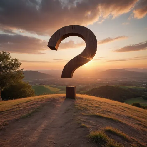 A big wooden question mark 10 meters high on a hill in front of a sunset