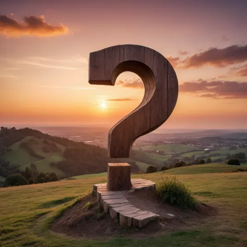 A big wooden question mark 10 meters high on a hill in front of a sunset