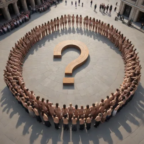 A big wooden question mark 10 meters high on a city square in between crowd of naked young women, ((text, "WHY?")), "your, text, logo, <lora:dvr-ftl:1.7>
