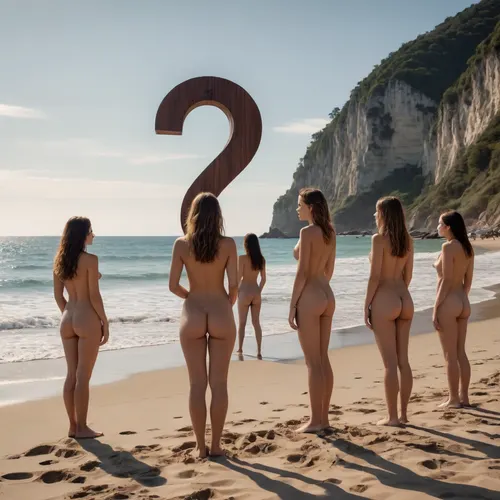 An upright big wooden question mark 10 meters high standing in between naked young women on a beach