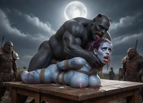 female drow elf barbarian, (dark night blue skin:1.82), tall, angry, busty, curvy, thin waist, big boobs, big butt, slim, athletic, fit, vitiligo, strong, fur pelt armor, dungeons and dragons, purplish blue skin, black and purple hair, Dark, Elf, Warrior, Drow, tattooed, scarred, purple eyes, uberfit, muscular, blue skin, amazon, giant, fur barbarian armor, bloody, blood spatter, bear, bear heart, (in a bloody filed after a battle, white full moon in the sky:1.4), (man is choking her from behind:1.4), ((hogtied, bound with large chains, tied to a torture table:1.3)), cock in mouth, (brutal face fuck), Blowjob, (tears in eyes:1.5), (running makeup), (cum drips from nose:1.3), (cum drips from mouth:1.3), ultra hd, photorealistic, hyper gigantic large black cock in mouth, (((hyper gigantic large black cock in mouth:1.3))), oral cream pie, hair grab, sad, sad crying, tongue out, gasping for air, zavy-brbrn, gangbang, double anal penetration, anal spitroast, groupsex, deepthroat, (4 gigantic African black brute thug, huge trunklike arms, huge head, hyper muscular body, dressed in slave clothes:1.2), ((hogtied, bound for sex, tied up)), (eyes wide open in horror:1.72), (wide mouth spreader:1.8), (pleading expression:1.56), (terrified:1.48), (crying:1.48), (fear and panic:1.56), (pulled nipples:1.2), nipple clamps, (((spitroast))), (((hyper large cock in mouth:1.3))), shocked, deep anal penetration, Uber realistic, 8k, ultra detailed, masterpiece, arched back, detailxl, 35mm photograph, film, professional, 4k, 1girl, 5 boys, hdr, photographic, ultra realistic, ultra high details, back light, best quality, with large muscular black men, gargantuan black cocks, anal sex expansion, large hyper muscular fat old men, (double anal sex), swollen white veiny cocks, (double anal penetration), hardcore double penetration, proper physics, big white cocks, muscular white double anal gangbang, (forceful penetrations), extremely graphic, shocked expression, beautiful hands, massive cum in ass, defeating a woman in combat, fighting, killing, blood, winning fight, magazine cover, Realism_Quality_2xx_By_Stable_Yogi, score_9, score_8_up, score_7_up, (((very pretty face:1.3))), (((extremely ultra detailed face:1.3))), perfect fingers and hands, upper body view, (extreme size difference:1.6), (ultra realistic), (maximum quality), (high resolution), (extreme detail), (ultra realism), UHD, super high quality, highly detailed, high resolution, perfect lighting, natural lighting, (dynamic pose), (dynamic angle), (random angle), (random pose), (dynamic view), (random view), volumetric lighting, golden hour lighting, dramatic shadows, rich details, nature-inspired color palette, <lora:Dark_Elf_Warrior:2>, <lora:Drow:2>, <lora:339100_training_data:2>, <lora:uberfit_lora_sdxl:2>, <lora:zavy-brbrn-sdxl:2>