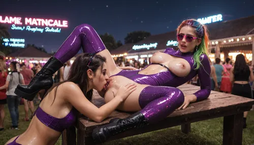 realistic masterpiece, 8K UHD, maximum quality, maximum details, maximum realism, on metal table, (surrounded by people), rainbow hair, wet pussy, (cunnilingus:1.3), lesbian, (crotchless bodysuit, purple, pink, multicolored, translucent, shiny, high heel boots), (realistic detailed vagina), night time edm festival, (laser lights), neon colored spot lights, black lights, realistic dark night, sad, rvst, raver, girl, at, a, festival, in, sunglasses, music, with, glitter, 2017, 2012, party, costume, <lora:rvst:.6>, <lora:RaverGirls_XL_v1-000003:.6>