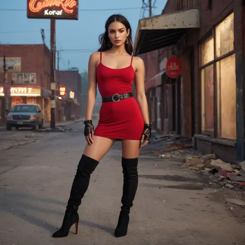 Photorealistic full-body portrait of a young woman standing in the middle of an abandoned urban street at dusk, confident dynamic in kungfu basic stance with weight on left leg, right leg forward, left arm extended outward open hand, right arm bent with a clenched fist near chest, mid-20s, athletic build, 175 cm, warm light olive skin with natural pores and subtle scar near left cheek, strong slightly angular cheekbones, straight nose, full lips, intense dark brown eyes looking directly at camera, long dark hair with deep black base and subtle red highlights around the face and ends, slightly wind-blown, narrow red headband, wearing a fitted crimson-red too short dress with dark trim and seam details, white slip peeks out from the bottom of the dress, black waist belt with silver buckle, thigh-high black textured lace stockings, chunky red high heel boots with black accents, single gold hoop earring on right ear, black fingerless glove on hands, cinematic late-evening lighting with warm streetlamp key light from the left and cool neon rim light from the right, subtle fog and dust, wet asphalt reflections, graffiti and ruined storefronts and flickering neon signs in background, debris, shallow depth of field, 35mm perspective, eye-level angle, ultra-detailed textures, realistic skin and hair strands, photoreal 8k, cinematic dramatic mood.