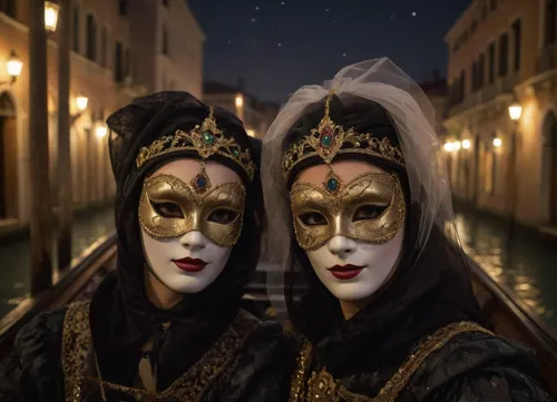 (hyperréaliste), (Venetian Carnaval), two masked women, drop down view, on a gondola, snowy night