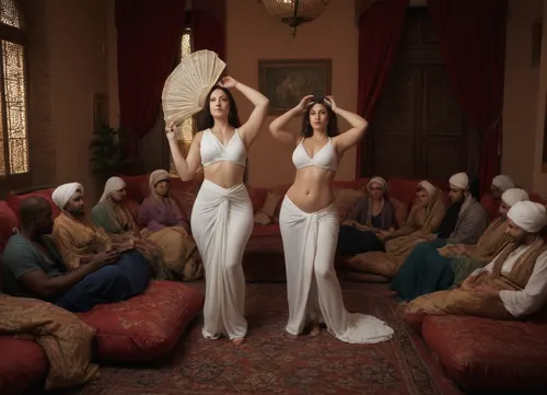 (hyperréaliste:1.6), (many women), white curvy woman in an arabic harem, with many cushions, interracial women surrounding, black male slave waving a fan in the background, full body view