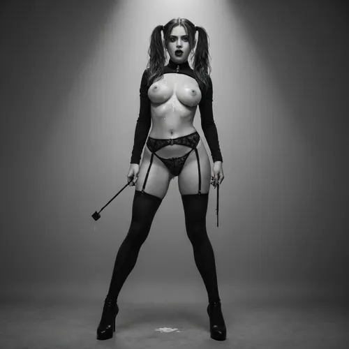 (((black and white, no colors:4))), 1girl, black footwear, black gloves, ((blonde pigtails:1.4)), black panties, black thighhighs, ((pussy visible:1.4)), body harness, bondage outfit, collarbone, Spider gag mask, fishnet gloves, fishnet thighhighs, gloves, harness, holding, holding riding crop, big perky breasts, looking at viewer, (goth:1.5), navel, crochless panties, riding crop, ((wearing black high heel pumps.1.6)), standing, thighhighs, open mouth, ((cum dripping:1.4)), ((cum on breasts:1.4))