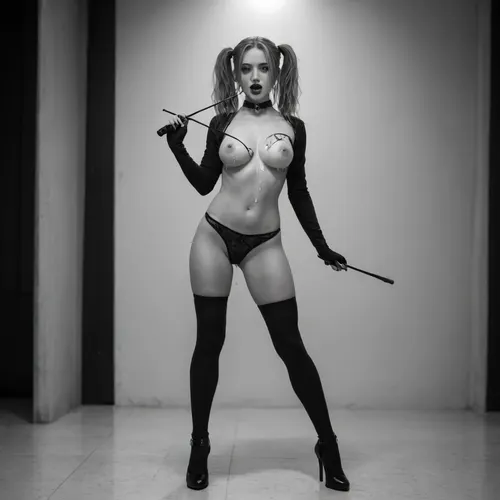 (((black and white, no colors:4))), 1girl, black footwear, black gloves, ((blonde pigtails:1.4)), black panties, black thighhighs, ((pussy visible:1.4)), body harness, bondage outfit, collarbone, Spider gag mask, fishnet gloves, fishnet thighhighs, gloves, harness, holding, holding riding crop, big perky breasts, looking at viewer, (goth:1.5), navel, crochless panties, riding crop, ((wearing black high heel pumps.1.6)), standing, thighhighs, open mouth, ((cum dripping:1.4)), ((cum on breasts:1.4))