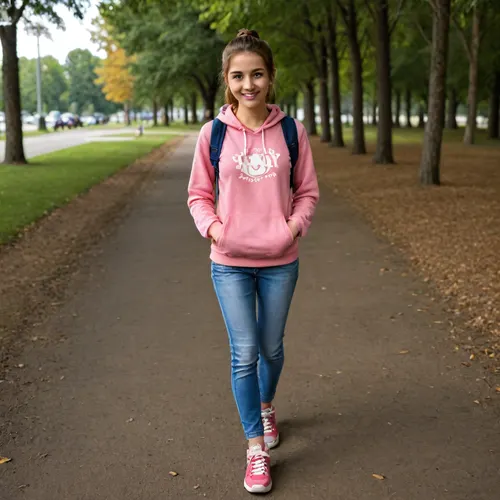 full body view, (full body view:1.8), 3/4 front view, 1 white woman 18 years old, long chestnut hair, hair tied to ponytail, wearing blue jeans, a pink hoodie, pink sneakers, backpack, small breasts, slender body, smile, dimples, very beautiful, cute face, (cute face:1.5), detailed face, (detailed face:1.8), long silver earrings, brown eyes, big eyes, detailed eyes, walking through a park area, sunny day, (sunny day:1.8), summer day, sunlight shining on her face, photo, of, a, sks, 4ng3l, sunlight