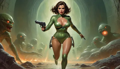 Richard Hescox style, full portrait view of a tempting and beautiful futuristic space maiden with huge breasts wearing a shiny suit and holding a rifle pistol with a horrified and shocked look on her face, she is running away from a giant glowing creature with a bulbous fluid eye, against the background of a dark and dank alien dungeon, by Adam Hughes, by Bill Ward, wide angle, super high angle, top view, bird's eye view, backglow, dynamic lighting, wet, greasy, green backlit, <lora:Richard Hescox Style:1>