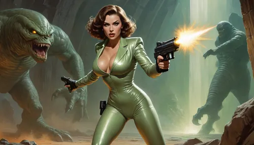 Richard Hescox style, full portrait view of a tempting and beautiful futuristic space maiden with huge breasts wearing a shiny suit and holding a rifle pistol with a horrified and shocked look on her face, she is running away from a giant glowing creature with a bulbous fluid eye, against the background of a dark and dank alien dungeon, by Adam Hughes, by Bill Ward, wide angle, super high angle, top view, bird's eye view, backglow, dynamic lighting, wet, greasy, green backlit, <lora:Richard Hescox Style:1>