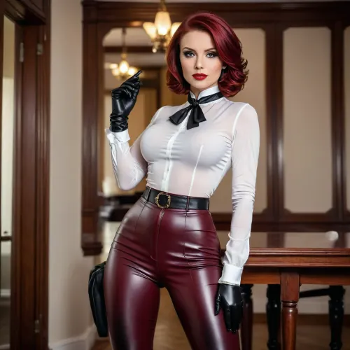sexy and beautiful executive girl woman, tight dark red brown PU pants, tight white satin blouse, long black elbow leather gloves, high heels platform leather boots, over knee, flaunting bubble butt, pearls collar necklace, perfect lips, perfect eyes, dark gothic make up, dark gothic eyes shadows, long dark gothic eyeliner, velvet matte liquid carmine lips, blunt bob hair, red hair, SEXY FACE, full body view, <lora:uberfit_lora_sdxl:.5>, <lora:bombshell_v2:.5>