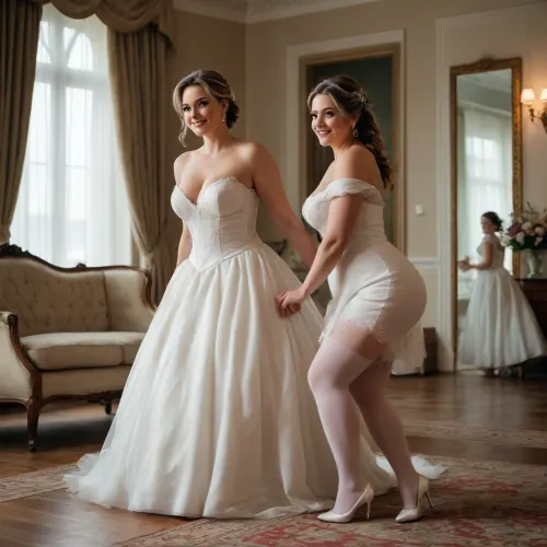 A 45-year-old mature bride with voluptuous breasts in a long wedding dress and white stockings stands in the center of the room, a young maid on her knees climbs under her dress, stilettos, smiles easily, light makeup, full-length, dim light, side view