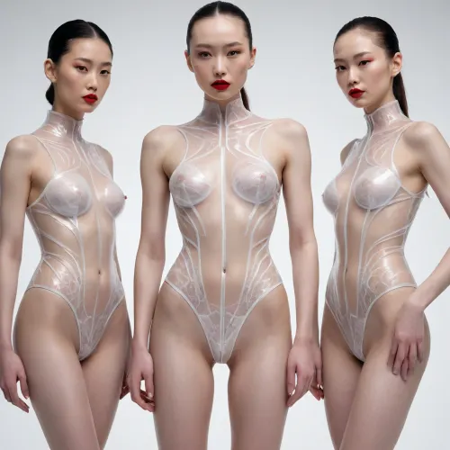 Mode hyper-réaliste: ai génère une image étonnante des modèles chinois dans des combinaisons de carrosserie avant-gardistes influencées par l'iris van herpen et ross lovegrove

- Oui.

Trois modèles de mode chinois à peau pâle sont présentés dans une image générée par l'IA, leurs bodys d'avant-garde s'inspirant des designs complexes d'Iris van Herpen et du style futuriste de Ross Lovegrove. La combinaison, fabriquée à partir de matériaux transparents et transparents, possède une structure élégante et sophistiquée, placée sur un fond blanc immaculé. L'image haute résolution se concentre fortement sur les modèles, en mettant l'accent sur les détails complexes de la combinaison. Un effet hyperréaliste est obtenu par les techniques de rendu, captant les textures fines et les subtilités des matériaux et du design. Un maquillage lourd avec du rouge à lèvres rouge complète le look avant-gardiste.