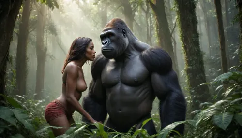 L'énigme du gorille aux yeux rouges : un lien improbable au cœur de la jungle

- Oui.

Au cœur d'une jungle dense et mystérieuse, une rencontre inhabituelle se déroule alors qu'un formidable gorille noire se tient devant une jolie femme africaine. Sa forme musculaire, accentuée par la lumière du soleil déchiquetée filtrant à travers la canopée imposante, est une vue à voir. Les yeux rouges perçants du gorille brillent d'une lumière intense et intense, et ses longs cheveux coulants ajoutent à son aspect redoutable. L'atmosphère est épaisse avec suspense car ils partagent une connexion inexpliquée.