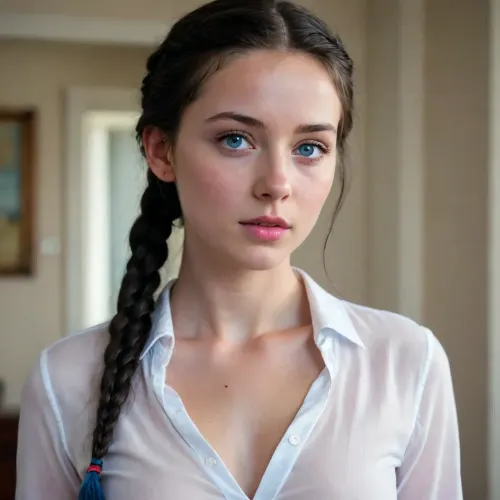 (((Front view))), photorealistic, masterpiece, Skinny beauty girl, 18 years old, breasts, rounded breasts, strained pink nipples, long black hair braided over her chest, blue eyes, unbuttoned white shirt, no bra