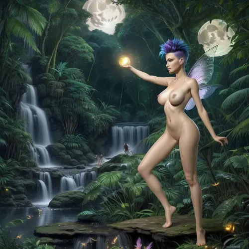 A beautiful woman with fairy wings and a mohawk in the jungle at night, fireflies, waterfall, full moon, nude, (huge tits), legs