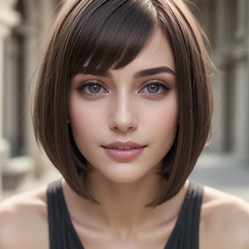 portrait of a beautiful girl, model, European, bob cut, (dark brown hair), perfect gray eyes, skin details, shy, smiling, masterpiece, hyperrealistic photo, best quality, <lora:detail_slider_v4:.5>
