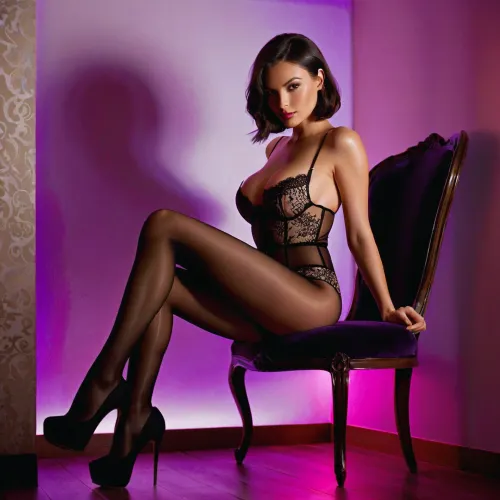 woman, Girl, (18 years), Young elite escort, brunette, bob haircut, long slender legs, beautiful correct hands, correct anatomy, large lush breasts, beautiful protruding nipples, large breasts, erect breasts, toned elastic ass, neat vagina, full depilation, pink transparent lace underwear, torn tights, seductive pose for photo shoots, high thin-heeled shoes, black louboutins, high image quality, neon backlight, purple warm backlight, sit, on, seat, legs apart.