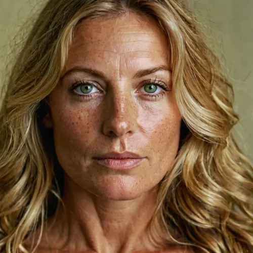 Guénola, german, 45 years old, MILF, long wave blond hair, natural green eyes, light freckles on nose and cheeks, full head portrait