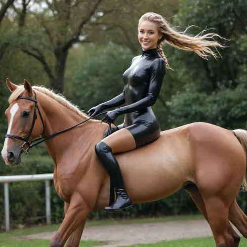 young women in park garden, oil latex bodysuit, ((skinny body, flat breasts, pussy, long thin legs, narrow waist, braided blonde hair, thin face)), ((riding bay horse at high speed, windy hair, joyful, smiling)), ((full body)), highres, extremely detailed, 8k photo, best quality, realistic, erotic, photorealistic, photo, photography, detailed, in focus, UHD 8k focus, Latex, <lora:LatexXLv11:.5>, <lora:Midjourney Image Enhancer XL v1:.5>