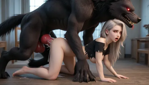Loona Hellhound from Helluva boss, anthro furry girl, 1 girl, on all fours, D cup size breasts, fucked by werewolf from underworld, massive dog knot cock, ahegao, glowing red eyes, cum on back, ripped clothes, ripped shirt, naked top, side view