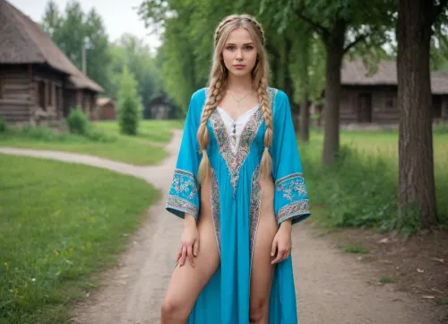 russian girl showing pussy in park garden, (wearing Russian national costume, kokoshnik, sarafan, kaftan, kosovorotka, partially nude, bottomless, no panties, pussy, visible pussy), full body view, (slim body, small perky tits, pussy), braided blonde hair, masterpiece, professional photo, high quality, high quality photo, style of V. Vasnetsov, ancient russian village