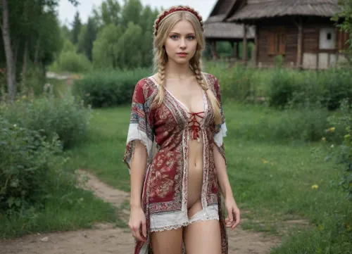 russian girl showing pussy in park garden, (wearing Russian national costume, kokoshnik, sarafan, kaftan, kosovorotka, partially nude, bottomless, no panties, pussy, visible pussy), full body view, (slim body, small perky tits, pussy), braided blonde hair, masterpiece, professional photo, high quality, high quality photo, style of V. Vasnetsov, ancient russian village