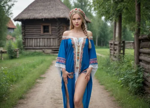russian girl showing pussy in park garden, (wearing Russian national costume, kokoshnik, sarafan, kaftan, kosovorotka, partially nude, bottomless, no panties, pussy, visible pussy), full body view, (slim body, small perky tits, pussy), braided blonde hair, masterpiece, professional photo, high quality, high quality photo, style of V. Vasnetsov, ancient russian village