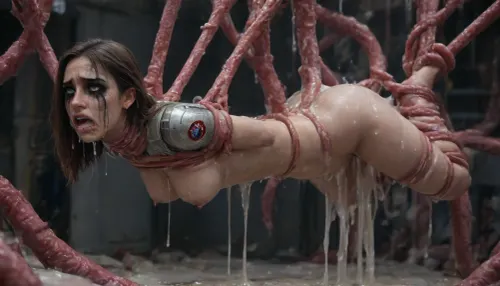 sexy woman in space suit, alien tenticals, thick long tenticals, inserted in all her holes, suspended, (cumfation), (distended belly), gagging, (crying, tears, ruined makeup:1.6), (excessive cum everywhere), tenticals as thick as her legs, wide cinematic shot, tenticals in mouth, tenticals in ass, tenticals in pussy, tenticals holding her in the air, torn clothes