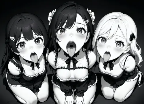 3girls, 18yo girl, cute idols, (((submissive expression))), on backstage, mouth extremely widely open, (mouth open showing uvula), tongue all the way out, facing viewer, looking at viewer, ((on her knees)), hands on her lap, focus on mouth and tongue, extreme closeup on mouth, from above, (uvula), lineart, LineAniAF, <lora:LineAniRedmondV2-Lineart-LineAniAF:.5>