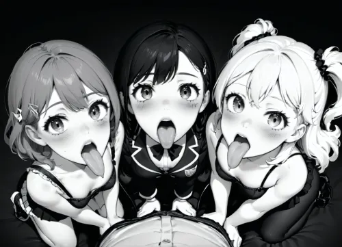 3girls, 18yo girl, cute rich schoolgirls, (((submissive expression))), on backstage, mouth extremely widely open, (mouth open showing uvula), tongue all the way out, facing viewer, looking at viewer, ((on her knees)), hands on her lap, focus on mouth and tongue, extreme closeup on mouth, from above, ((uvula)), lineart, LineAniAF, <lora:LineAniRedmondV2-Lineart-LineAniAF:.5>