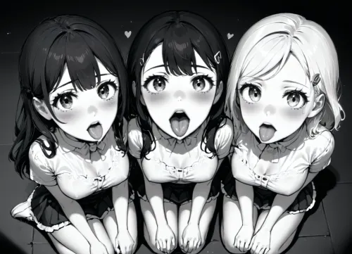 3girls, 18yo girl, cute rich schoolgirls, (((submissive expression))), on backstage, mouth extremely widely open, (mouth open showing uvula), tongue all the way out, facing viewer, looking at viewer, ((on her knees)), hands on her lap, focus on mouth and tongue, extreme closeup on mouth, from above, ((uvula)), lineart, LineAniAF, <lora:LineAniRedmondV2-Lineart-LineAniAF:.5>