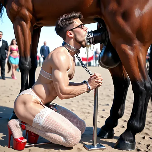 gay men, hairy chest guy, wearing white satin push bra, 55 years old, black short haircut, wearing glasses, angular jawline, in a dark dungeon jail, with metal bars and cages, muscular hairy sissy boy, short haircut, flat hairy chest, men face, with a beard, sissy boy gay masculine body, hairy body, hairy hands, hairy legs, male muscular men gay is being fucked by a black horse animal, hes cock and balls in a metal chastity cage, hyper realist, gay masculine hairy body, short black haircut, short black buzz-cut haircut, ashamed, humiliated, reveal his cock in a metal chastity cage, he wearing white satin push bra, metal collar, sissy man gay, hairy, excessive cum, metal handcuffs, large dildo in ass, wearing red stiletto sky high heels fetish platform shoes, wearing pink satin garter straps with white lace and white nylon shiny fully fashioned stockings, is being fucked in hes mouth by a horse, from front, his penis in a large metal chastity cage, he sitting on a large dildo penetrating in his ass, he wearing a large big white satin push bra, metal collar with huge metal padlock, penis locked in chastity metal cage device, in front of his employees, (black horse with big horse cock, massive hard cock exposed), deep throat horse cock, deep blowjob, (((bulge throat))), sucking horse cock, balls deep, deep throat, bulged throat from horse cock, cum in throat, blowjob, his cock in metal chastity cage, his cock in metal chastity, bending under horse animal, both hands cuffed behind his back, horse penis in his ass, ((ankle spreader bar)), legs wide apart, (huge conference, enormous crowd watching), under a big horse animal, zoophilia, bestiality, detailed, clean image, from side, SM