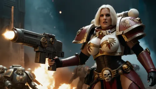 spaceship background, (well proportioned figure), (very busty), heavy fullarmor, other hand bolter, space marine in background, fighting, adepta, sororitas, warhammer, 40k, wh40k, <lora:WH40XL:.5>, <lora:668916_training_data:.5>
