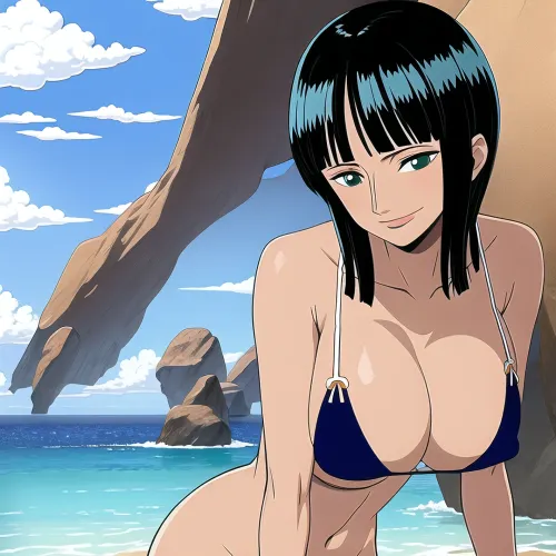 1 girl, Nico_Robin, bikini, expossed tits, smile, looking spectator, frontal view, tits, beach background, (ultra detailed), (masterpiece), photo-realistic, <lora:robin-000005:.8>
