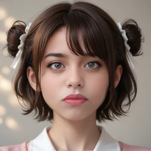 face closeup of a amazing gorgeous jung woman with short brown hair in two buns, <lora:580159_training_data:.5>