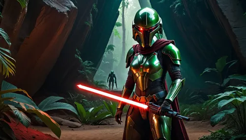 alien planet, man, warrior of the future, high-tech black armor, face completely hidden by a helmet, helmet visor glows red, very aggressive overall appearance, holding a laser rifle, stand front woman Jedi Knight, Jedi in brown open robe, bare tits, hold green lightsiber, ready to fight, jungle, a huge step pyramid is visible in the thickets, full body in frame, side view