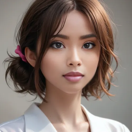 close-up, profile view of a stunningly beautiful woman with blond messy hair in a bun, sweet shy smile, <lora:580159_training_data:1>