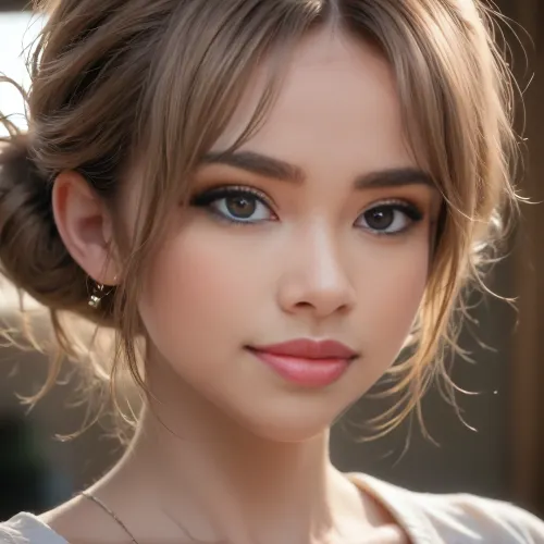 close-up, profile view of a stunningly beautiful woman with blond messy hair in a bun, sweet shy smile, 4ng3l, face, <lora:SDXL_BetterFaces-LoRA_v1:.5>