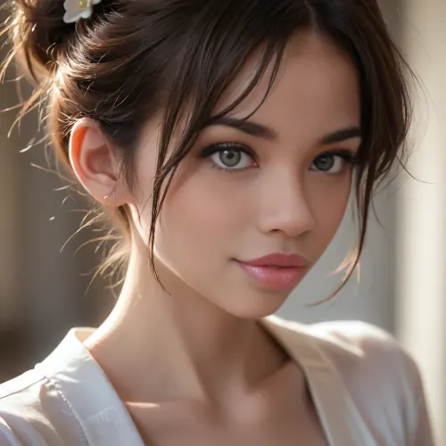 close-up, profile view of a stunningly beautiful african woman with blond messy hair in a bun, sweet shy smile, 4ng3l, face, <lora:SDXL_BetterFaces-LoRA_v1:.5>, <lora:add-detail-xl:1.8>